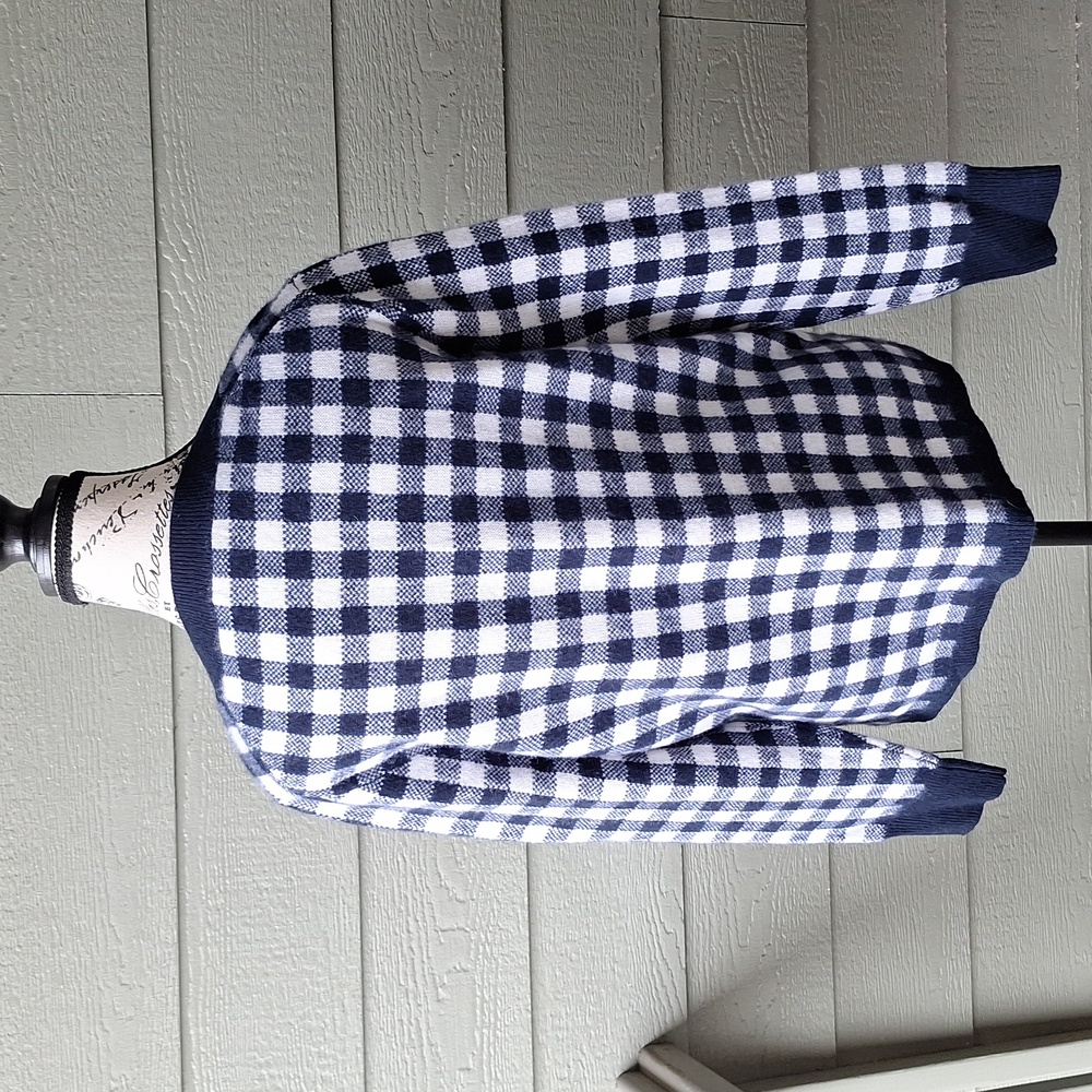 J. Crew Gingham Cashmere Sweater ASO Wednesday Adams Blue & White Size Large - Picture 6 of 11